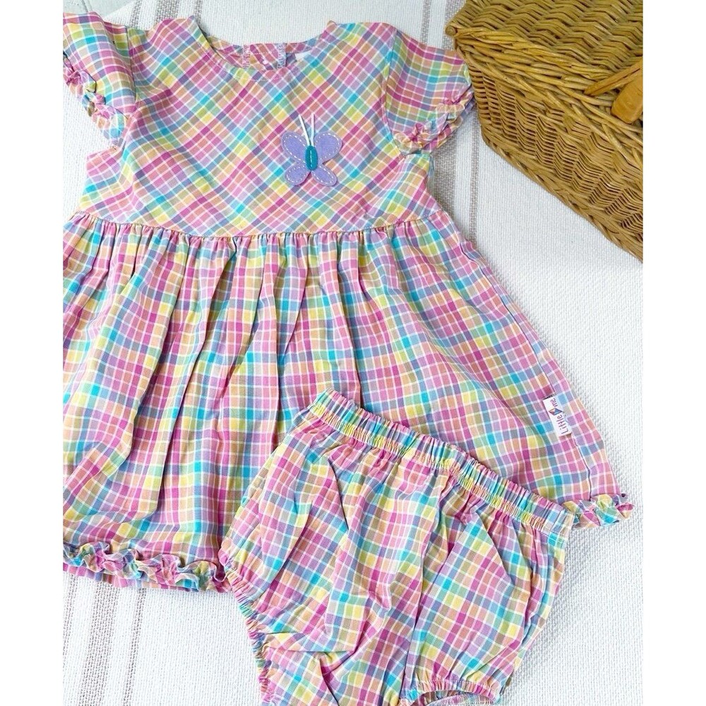 Little Me NWT Baby Girls 2-Piece Pink, Blue & Yellow Plaid Dress Set w/ Bloomers